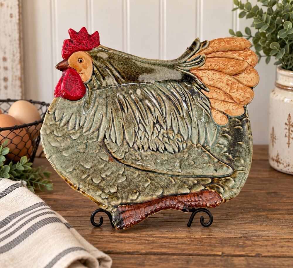 Hen Chicken Stoneware Serving Platter Rustic Country Farmhouse Cottage 10x11
